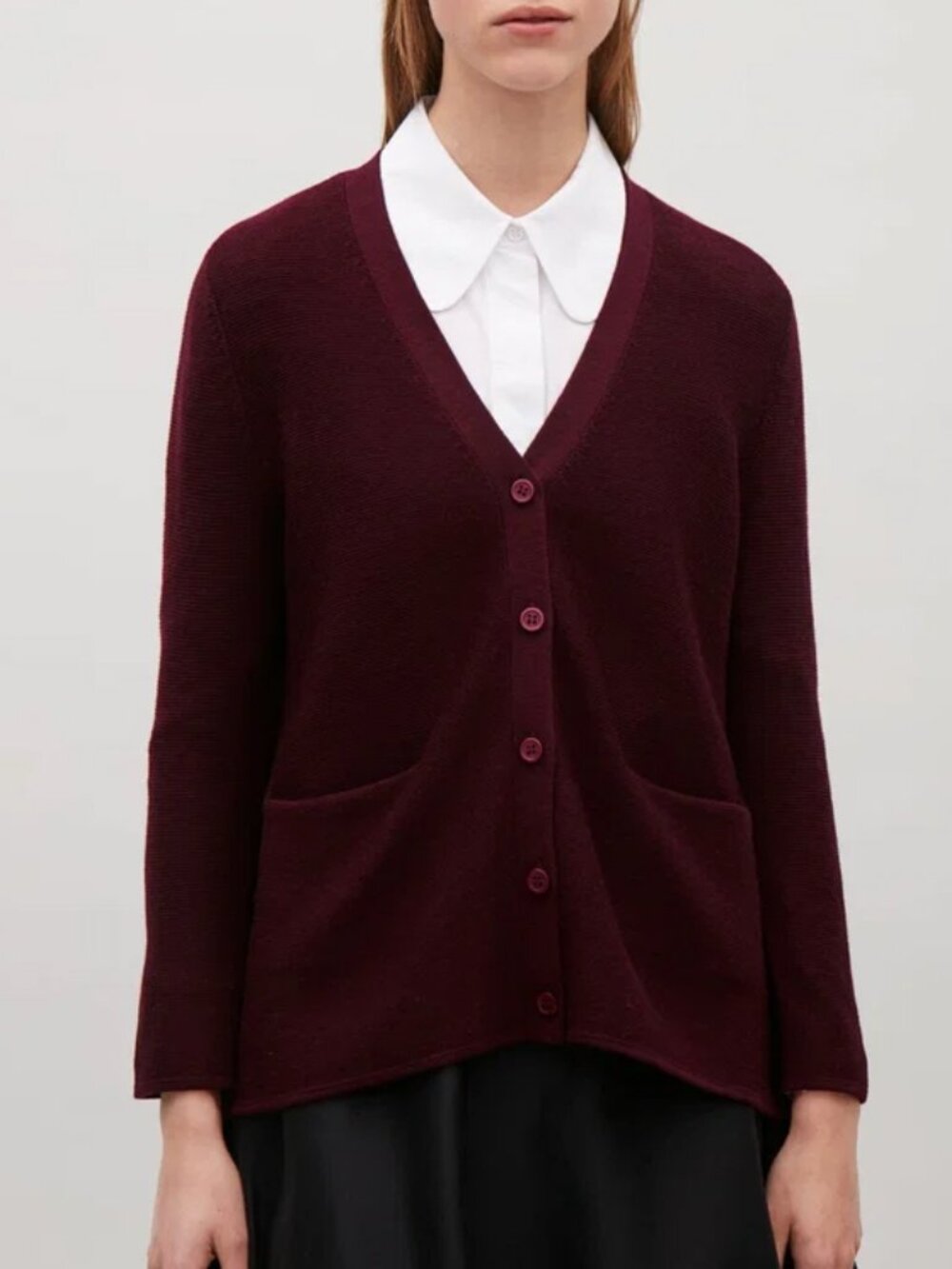 COS Garter Stitch 100% Merino Wool Oversized V-Neck Cardigan Maroon XS